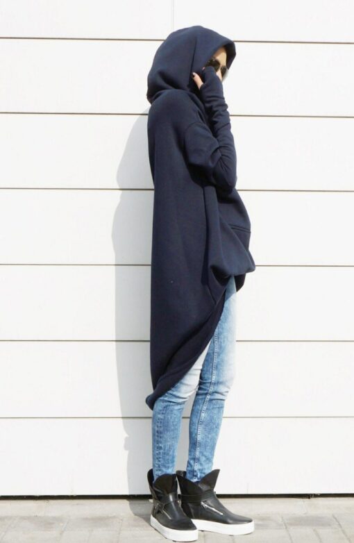 Navy Blue Extravarant Maxi Asymmetrical Hoodie Fleece Cotton Warm Top A08023 - Image 3