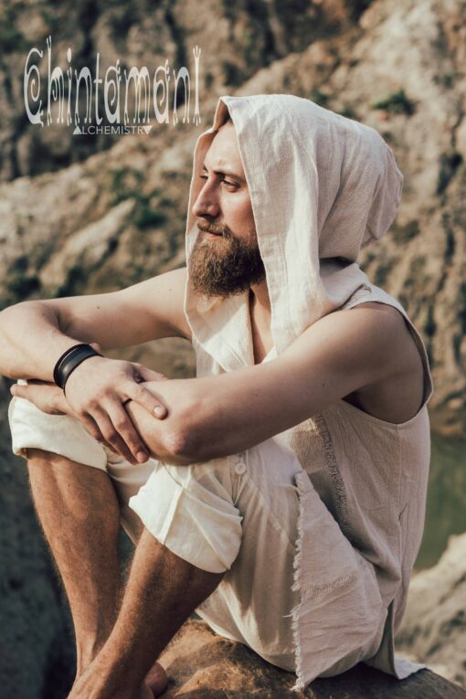 Raw Cotton Man Hooded Shirt Boho Big Hood Vest for Men's Bohemian Style - Image 6