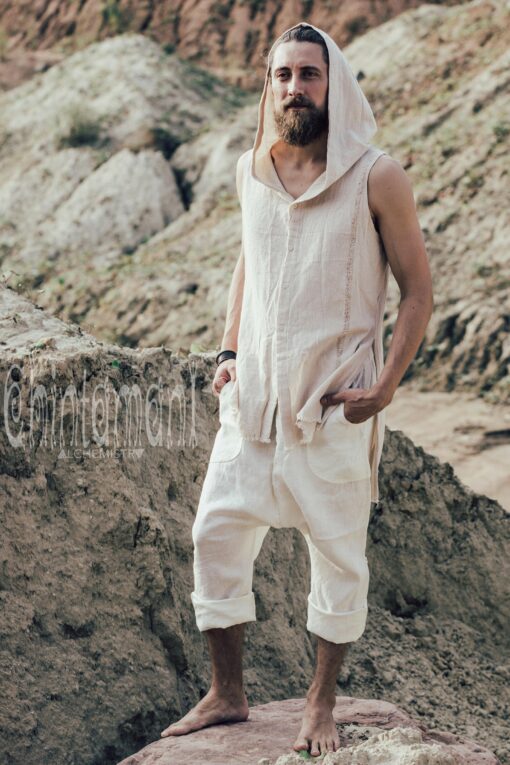 Raw Cotton Man Hooded Shirt Boho Big Hood Vest for Men's Bohemian Style - Image 3
