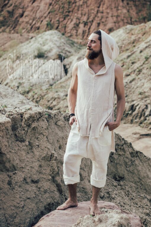 Raw Cotton Man Hooded Shirt Boho Big Hood Vest for Men's Bohemian Style - Image 2