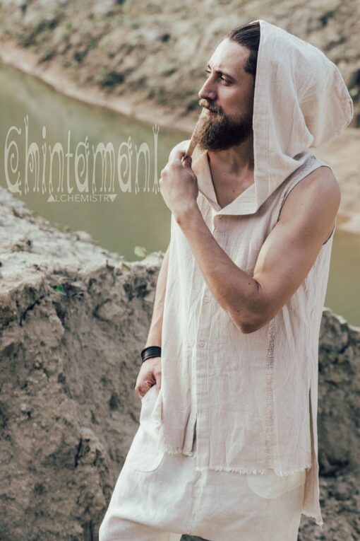 Raw Cotton Man Hooded Shirt Boho Big Hood Vest for Men's Bohemian Style - Image 4