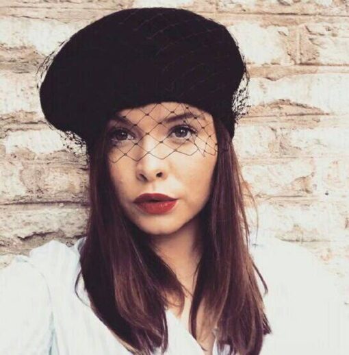 Timeless Parisian Elegance Black Veiled Beret, Embracing the Allure of the 1940s - Image 4
