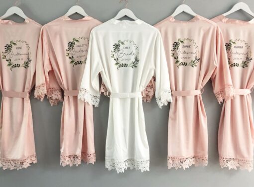 Personalized Bridal Robe Embroidered Floral Wreath, Satin Elegance for Your Special Day - Image 6