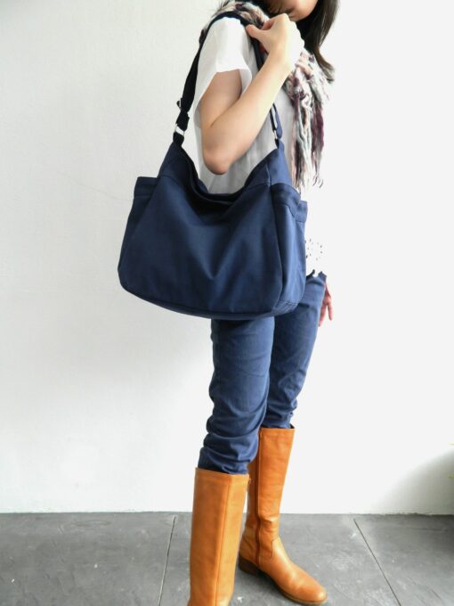 Navy Blue Canvas Hobo Diaper Bag with Zipper Vegan Travel Messenger Bag, Personalized Baby Shower Gift Set - No. 101 RENEE - Image 3