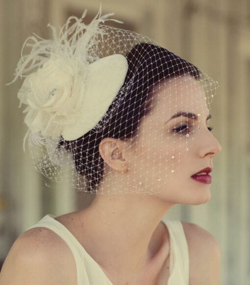 Enchanting Victorian Bridal Veil Ivory Birdcage Blusher with Crystal, Feather Fascinator, and Customizable Silk Flowers - Image 5