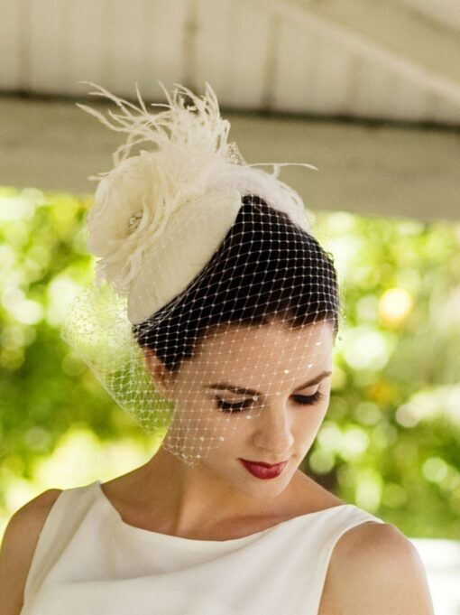Enchanting Victorian Bridal Veil Ivory Birdcage Blusher with Crystal, Feather Fascinator, and Customizable Silk Flowers - Image 3