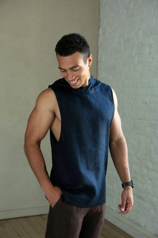 Men's Dark Blue Sleeveless Linen T-Shirt The Perfect Summer Essential - Image 6