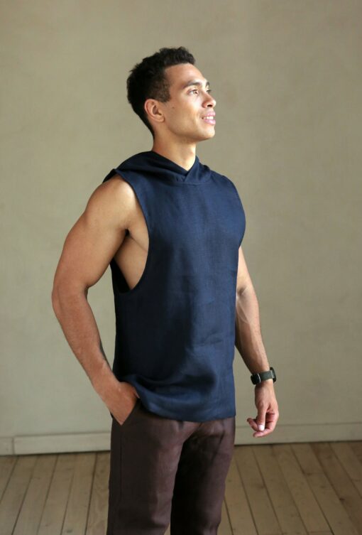 Men's Dark Blue Sleeveless Linen T-Shirt The Perfect Summer Essential - Image 5
