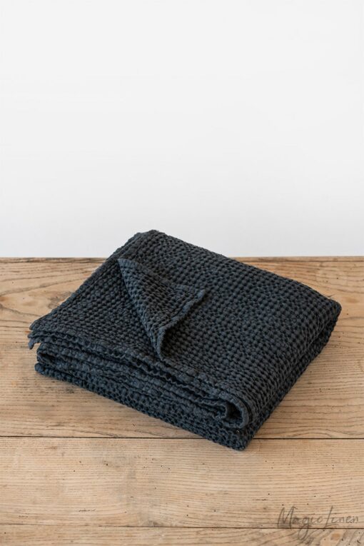 Cozy Haven Dark Gray Linen Throw with Waffle Weave - Image 6