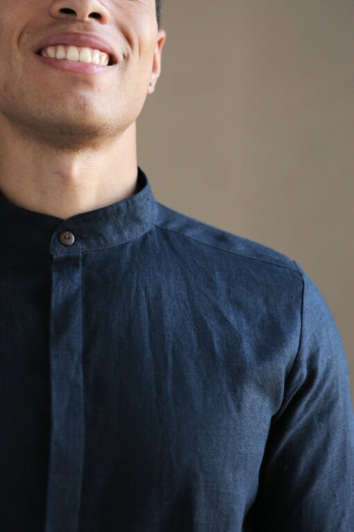 Timeless Elegance Dark Blue Linen Shirt for Men, Perfect for Weddings and Summer Soirees - Image 4