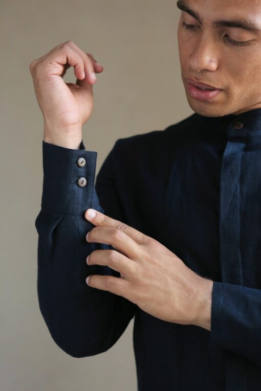 Timeless Elegance Dark Blue Linen Shirt for Men, Perfect for Weddings and Summer Soirees - Image 6