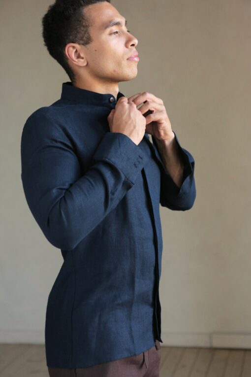 Timeless Elegance Dark Blue Linen Shirt for Men, Perfect for Weddings and Summer Soirees - Image 5