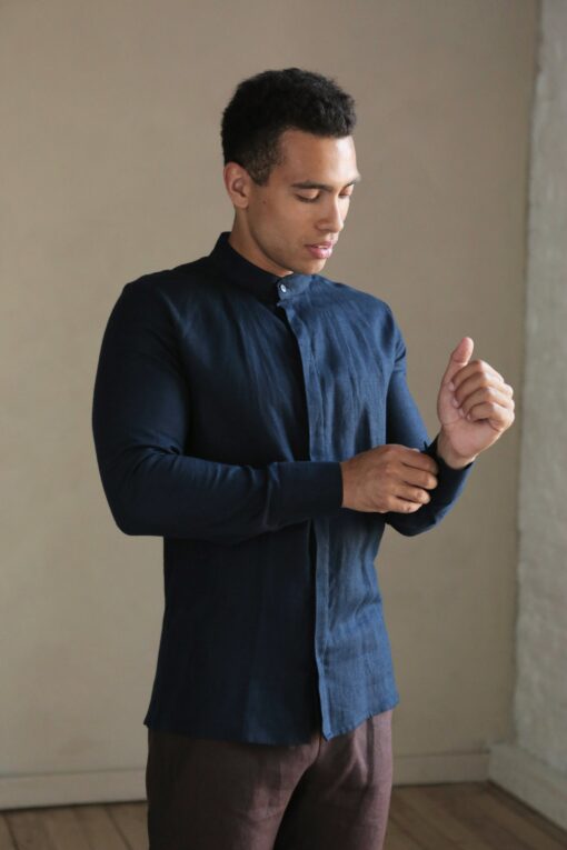 Timeless Elegance Dark Blue Linen Shirt for Men, Perfect for Weddings and Summer Soirees - Image 3