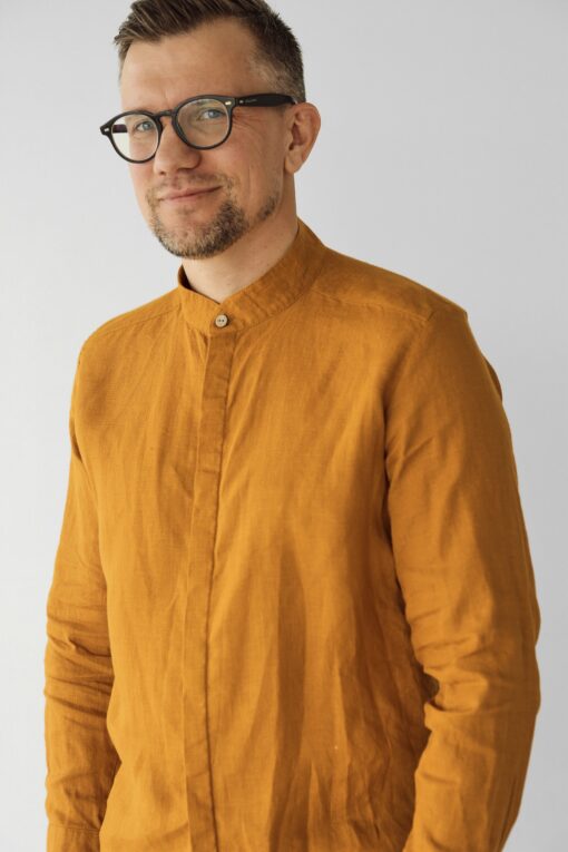 Saffron Linen Band Collar Shirt A Timeless Classic for Elegant Occasions - Image 4