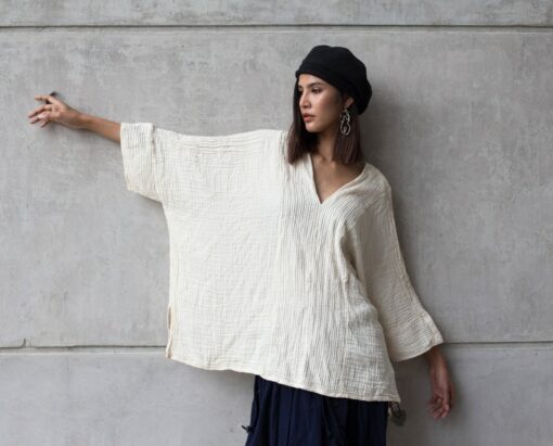 Women's V-Neck Kaftan Breezy Summer Style in Natural Cotton - Image 3