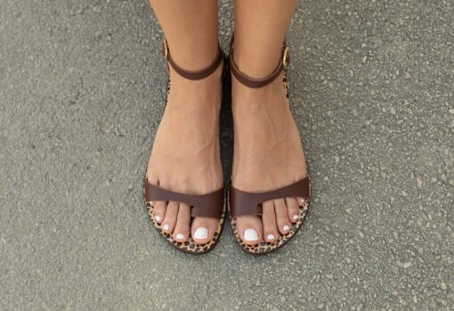 Handmade Greek Genuine Leather Flat Sandals Cleopatra's Embrace in Black and Brown Leopard Print - Image 5