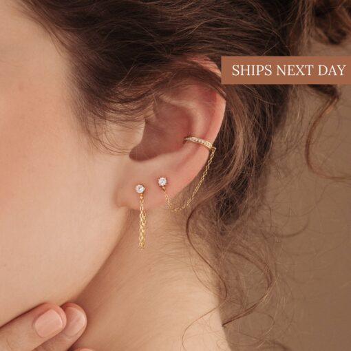 Minimalist Pave Ear Cuff Chain Earrings Diamond Stud Dangle Earrings in Gold and Sterling Silver - Image 2