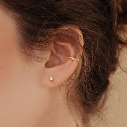 Minimalist Pave Ear Cuff Chain Earrings Diamond Stud Dangle Earrings in Gold and Sterling Silver - Image 4