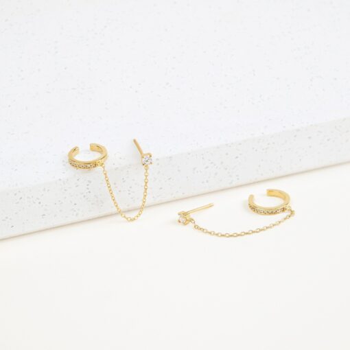 Minimalist Pave Ear Cuff Chain Earrings Diamond Stud Dangle Earrings in Gold and Sterling Silver - Image 6
