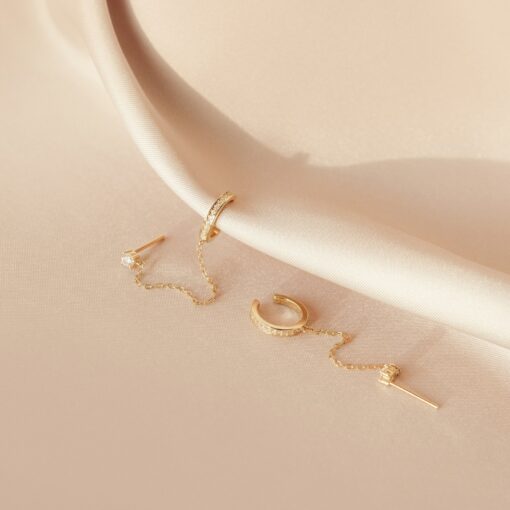 Minimalist Pave Ear Cuff Chain Earrings Diamond Stud Dangle Earrings in Gold and Sterling Silver - Image 3