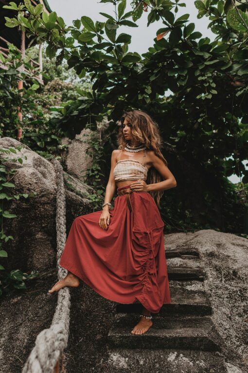 Flowy Bohemian Maxi Skirt Alaina in Organic Beige with Pockets - Image 5