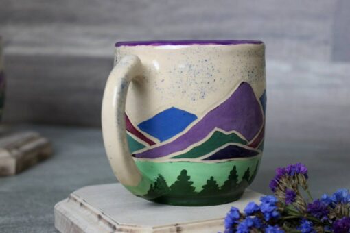 Handcrafted Spring Ceramic Mug 14 oz Teacup with Serene Mountain and Forest Illustration, Eco-Friendly Violet Purple Pottery Gift - Image 6