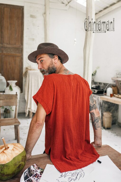 Boho T-Shirt Raw Cotton Men's Asymmetric Tribal Top, Organic Comfy Tunic Tee, Gypsy Hippie Shirt (Red Ochre) - Image 4