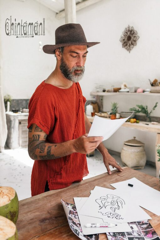Boho T-Shirt Raw Cotton Men's Asymmetric Tribal Top, Organic Comfy Tunic Tee, Gypsy Hippie Shirt (Red Ochre) - Image 3