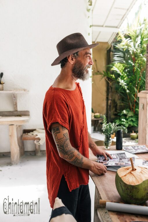 Boho T-Shirt Raw Cotton Men's Asymmetric Tribal Top, Organic Comfy Tunic Tee, Gypsy Hippie Shirt (Red Ochre) - Image 6