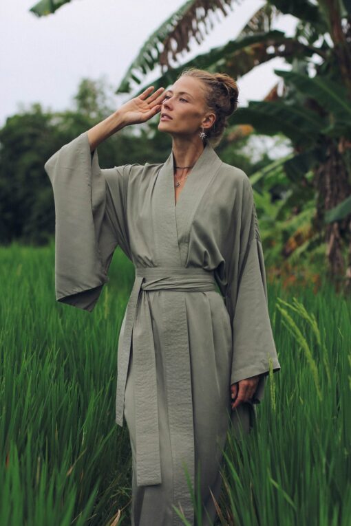 Enchanting Kimono Embrace Japanese Elegance with Our Olive Kimono Dress - Image 3