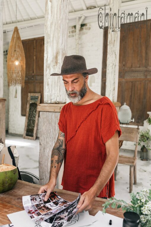 Boho T-Shirt Raw Cotton Men's Asymmetric Tribal Top, Organic Comfy Tunic Tee, Gypsy Hippie Shirt (Red Ochre) - Image 5