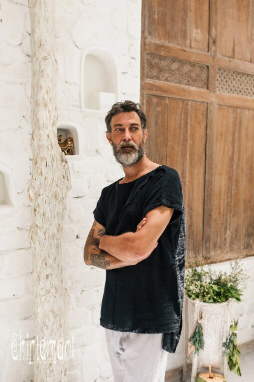Black Boho Shirt Raw Cotton Bohemian Men's Clothing, Asymmetrical Organic Top, Comfy Tunic T-Shirt, Gypsy Shirt for Men - Image 4