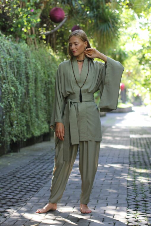 Enchanting Kimono Embrace Japanese Elegance with Our Olive Kimono Dress - Image 4