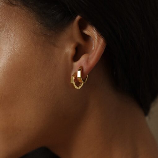 Geometric Hexagon Huggie Earrings Minimalist Everyday Earrings for Her - Image 2
