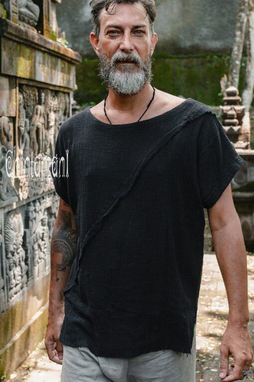 Black Boho Shirt Raw Cotton Bohemian Men's Clothing, Asymmetrical Organic Top, Comfy Tunic T-Shirt, Gypsy Shirt for Men - Image 5