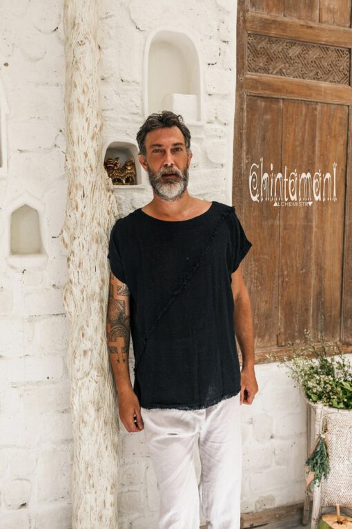 Black Boho Shirt Raw Cotton Bohemian Men's Clothing, Asymmetrical Organic Top, Comfy Tunic T-Shirt, Gypsy Shirt for Men - Image 3