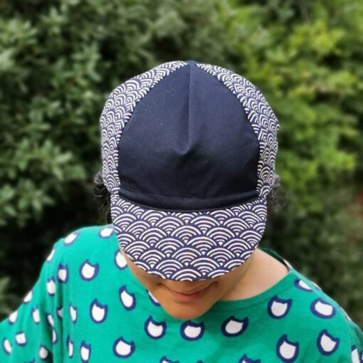 Tortoise and Hare Cycling Cap Japanese Cotton, Handmade, Four-Panel, Navy Seigaiha Wave Pattern - Image 4