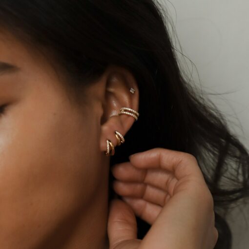 Caitlyn Minimalist Double Hoop Huggie Earrings Pave Gold Huggie Hoops with Diamonds for Bridesmaids and Weddings (ER119) - Image 4