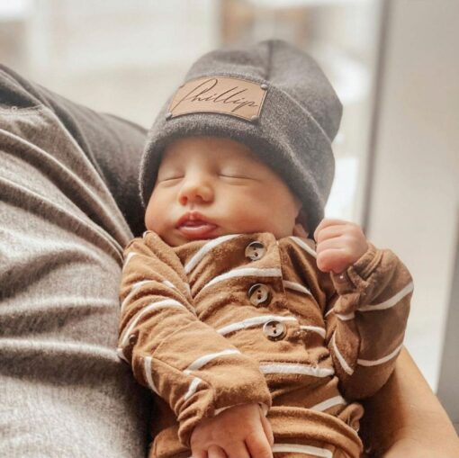 Personalized Baby Beanie Embroidered Name, Vegan Leather Patch, Slouchy Fit for All Ages - Image 6