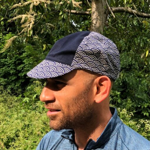Tortoise and Hare Cycling Cap Japanese Cotton, Handmade, Four-Panel, Navy Seigaiha Wave Pattern - Image 2