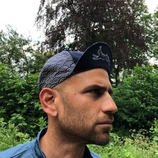 Tortoise and Hare Cycling Cap Japanese Cotton, Handmade, Four-Panel, Navy Seigaiha Wave Pattern - Image 3