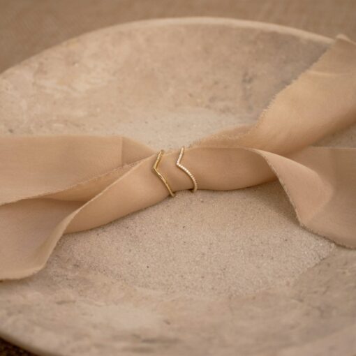 CaitlynMinimalist Curve Ring Set Stackable Diamond Chevron & Gold Band (RR037) - Image 4