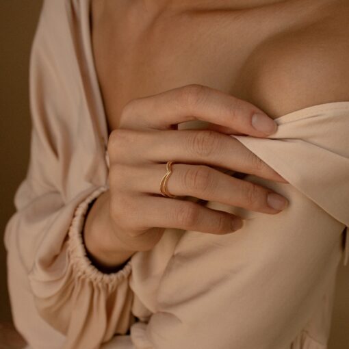 CaitlynMinimalist Curve Ring Set Stackable Diamond Chevron & Gold Band (RR037) - Image 6