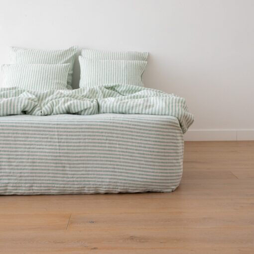 Luxurious Washed Linen Fitted Sheet Ticking Stripe in Azure and Ivory - Image 4