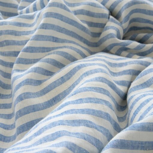 Luxurious Washed Linen Fitted Sheet Ticking Stripe in Azure and Ivory - Image 3