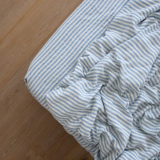 Luxurious Washed Linen Fitted Sheet Ticking Stripe in Azure and Ivory - Image 2
