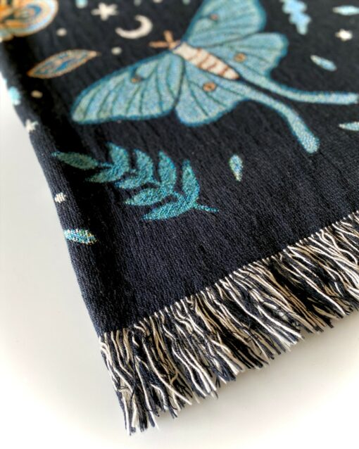 Luna Moths Jacquard Blanket 100% Cotton, Woven in the USA, Queen Size (60" x 80") with Fringed Edge - Image 3