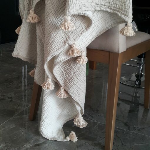 Luxurious Pom Pom Muslin Throw OEKO-TEX Certified, Multi-Purpose Cozy Comfort - Image 4