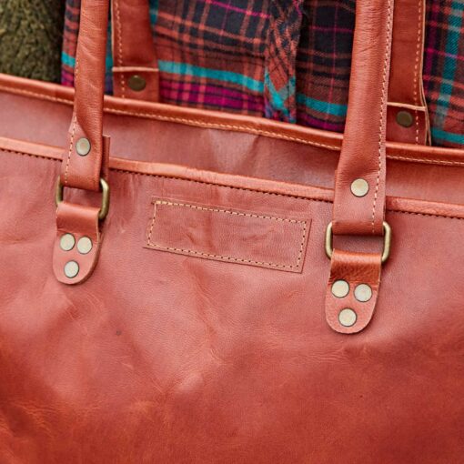 Reworked Personalized Large Brown Leather Shopper Bag Handmade Shoulder Bag for Work, School, or Everyday Use - Image 2