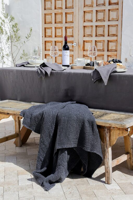 Cozy Haven Dark Gray Linen Throw with Waffle Weave - Image 5